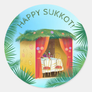 Adesivo Redondo Feliz Sukkah Lulav e Etrog Watercolor