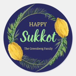 Adesivo Redondo Feliz Sukkot Lulav Blue Stickers
