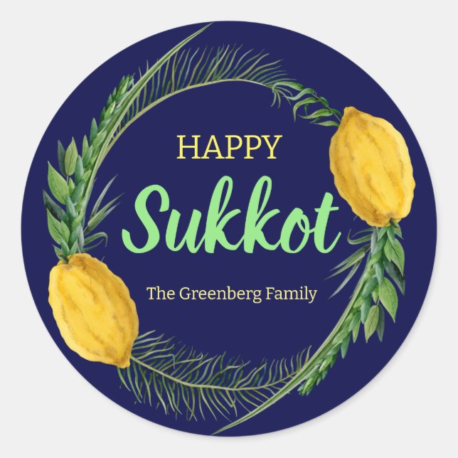 Adesivo Redondo Feliz Sukkot Lulav Blue Stickers (Frente)