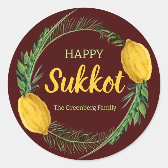 Adesivo Redondo Feliz Sukkot Lulav Red Stickers (Frente)