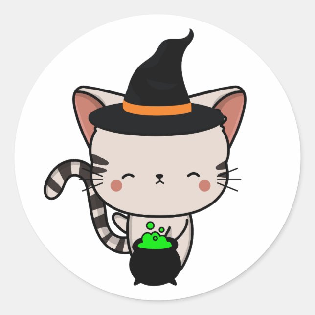 Adesivo Redondo Feliz Tabby é uma bruxa (Frente)