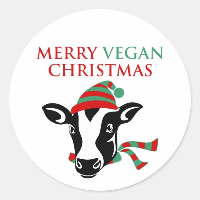 Adesivo Redondo Feliz Vegan Natal, Vaca, (Frente)