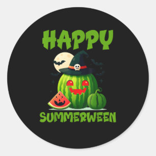 Adesivo Redondo Feliz Verão entre a melancia de Verão Jack-O-Lante