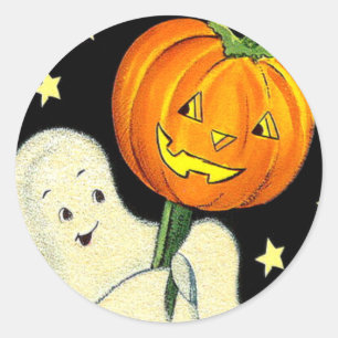 Adesivo Redondo Feliz Vintage Ghost e Pumpkin Sticker