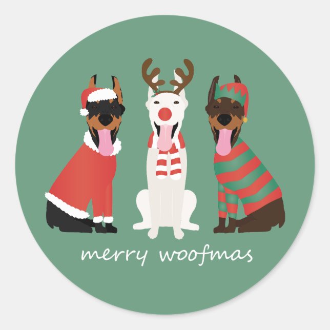 Adesivo Redondo Feliz Woofmas Dobermann - Cães de Natal (Frente)