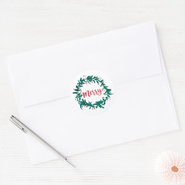 Adesivo Redondo Feliz Wreath com Berries Script (Envelope)