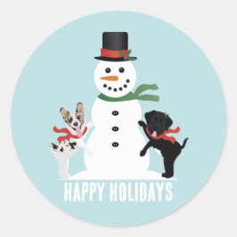 Adesivo Redondo Felizes Cães Feriados Construindo Um Neve
