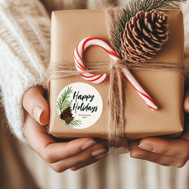 Adesivo Redondo Felizes Feriados Aquarela Pine Winter Greenery (Criador carregado)