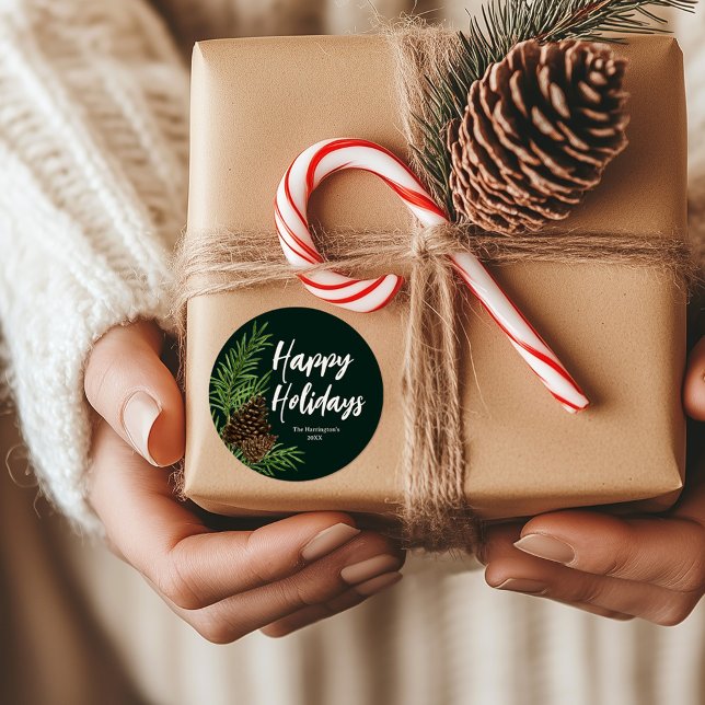 Adesivo Redondo Felizes Feriados Aquarela Pine Winter Greenery (Criador carregado)