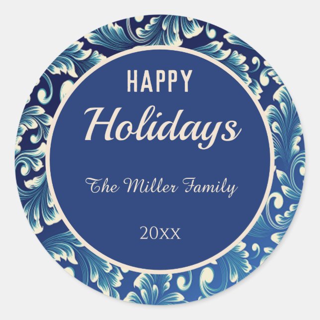 Adesivo Redondo Felizes Feriados Damask Folgas em Azul (Frente)