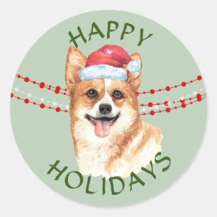 Adesivo Redondo Felizes Feriados de Corgi Dog Santa Hat