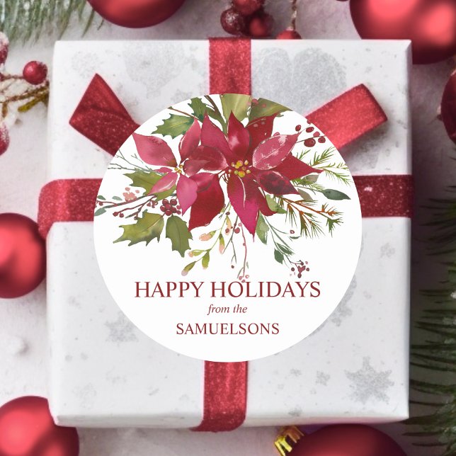 Adesivo Redondo Felizes Feriados de Natal da Poinsettia Vermelha E (Watercolor Red Poinsettia Christmas Happy Holidays Classic Round Sticker)