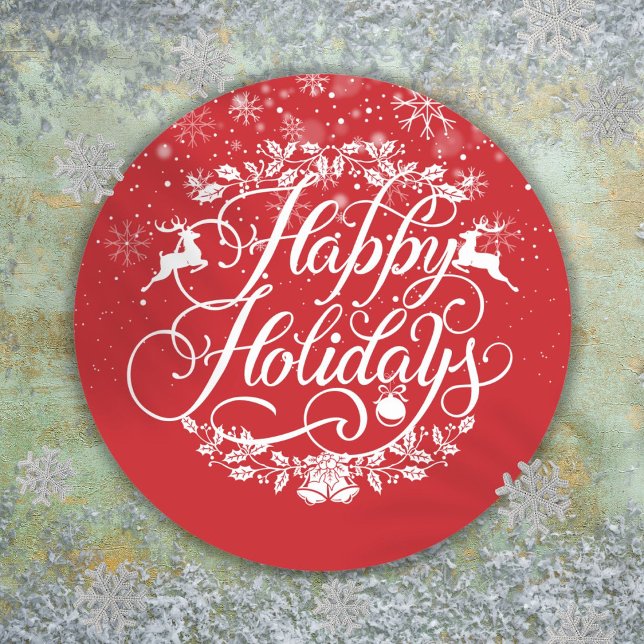 Adesivo Redondo Felizes Feriados de Neve Flocos de Neve, Natal Ver (Happy Holidays Snowflakes Red Christmas Classic Round Sticker)