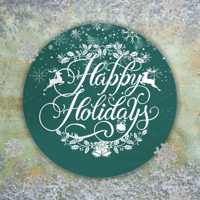 Adesivo Redondo Felizes Feriados de Neve Flocos de Neve, Natal Ver (Happy Holidays Snowflakes Green Christmas Classic Round Sticker)