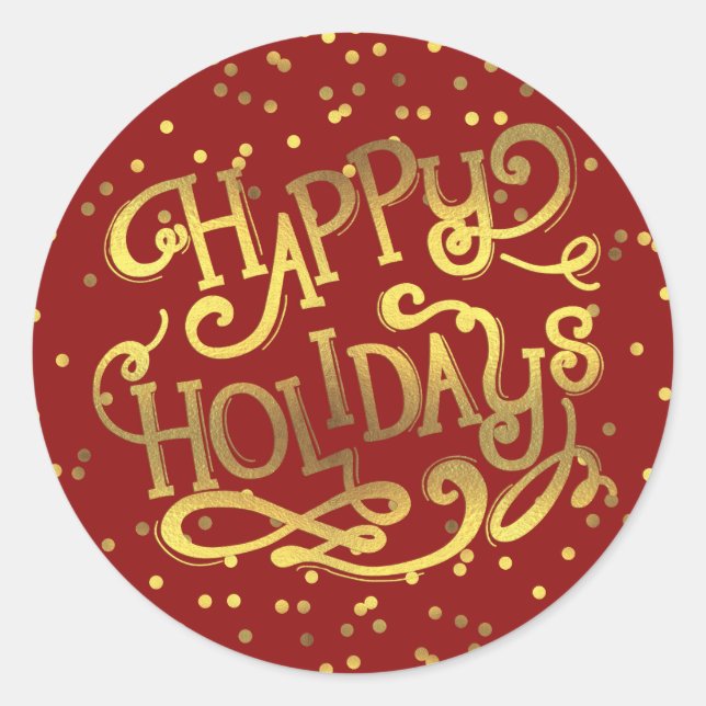 Adesivo Redondo Felizes Feriados Gold Foil Confetti Red (Frente)