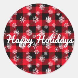 Adesivo Redondo Felizes Feriados I Flocos de Neve Xadrez Vermelha
