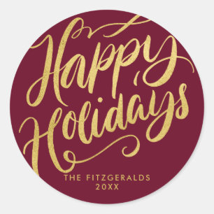 Adesivo Redondo Felizes Feriados Lavish Script Red & Faux Dourados