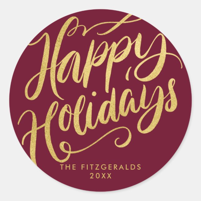 Adesivo Redondo Felizes Feriados Lavish Script Red & Faux Dourados (Frente)