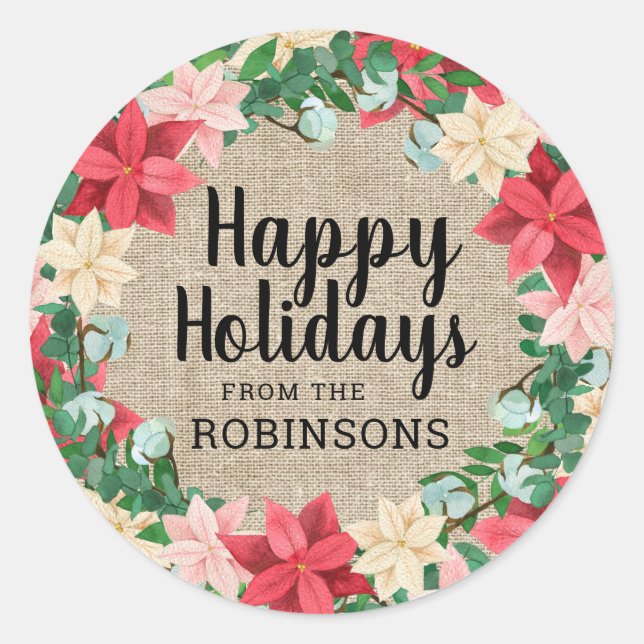 Adesivo Redondo Felizes Feriados Poinsettia Brown Burlap (Frente)