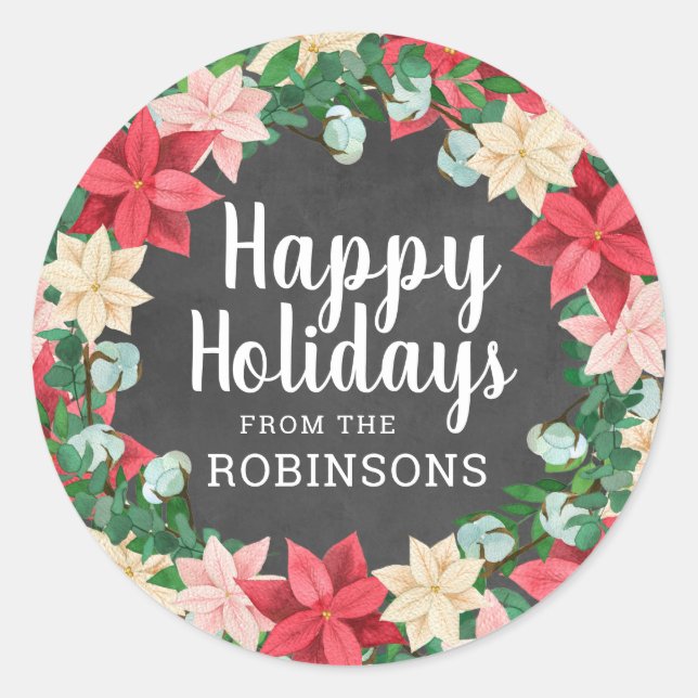 Adesivo Redondo Felizes Feriados Poinsettia Chalkboard (Frente)