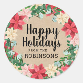Adesivo Redondo Felizes Feriados Poinsettia Kraft Paper