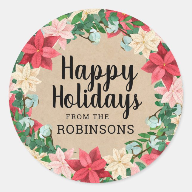 Adesivo Redondo Felizes Feriados Poinsettia Kraft Paper (Frente)