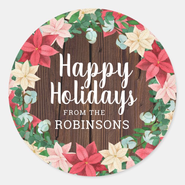 Adesivo Redondo Felizes Feriados Poinsettia Madeira Escura (Frente)
