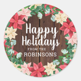 Adesivo Redondo Felizes Feriados Poinsettia Madeira Escura