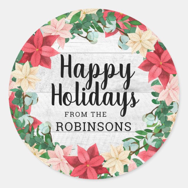 Adesivo Redondo Felizes Feriados Poinsettia White Wood (Frente)