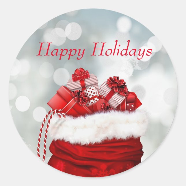 Adesivo Redondo Felizes Feriados, Presentes Vermelhos (Frente)