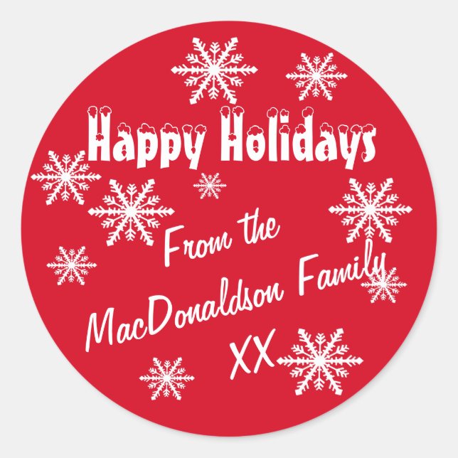 Adesivo Redondo Felizes feriados vermelhos e flocos de neve (Frente)