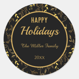 Adesivo Redondo Felizes Férias Folhas Douradas em Preto