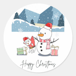 Adesivo Redondo Felizes Papais noeis de Natal Cat e Snowman