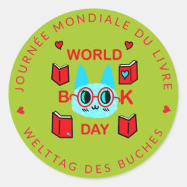Adesivo Redondo Felpudo Cat World Book Day Jourée Mondiale du Livr