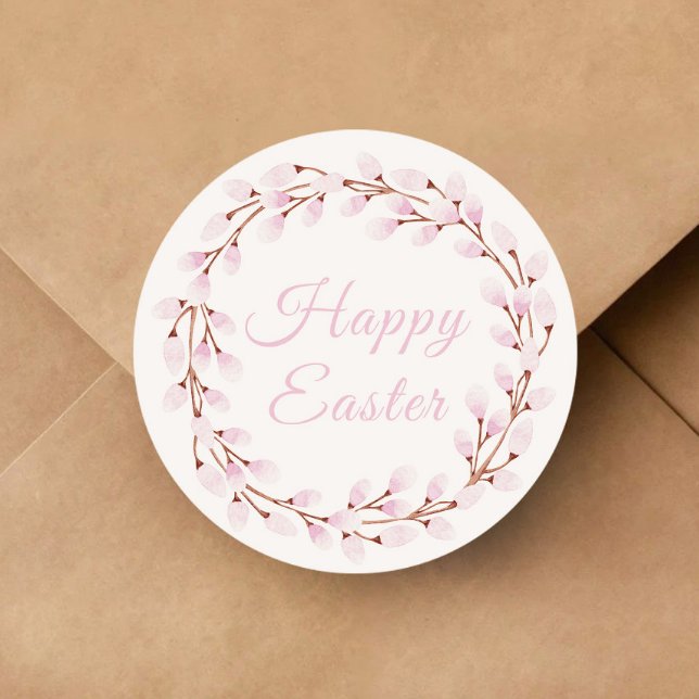 Adesivo Redondo Felz pascoa brilhante cor-de-rosa (Cute Pink Willow Happy Easter Classic Round Sticker)