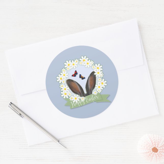 Adesivo Redondo Felz pascoa Bunny Ears Daisies Wreath (Envelope)