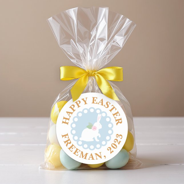 Adesivo Redondo Felz pascoa Bunny Sticker - Nome Personalizado da  (Favor Sticker)