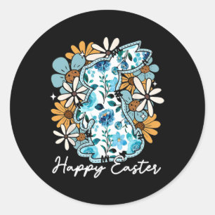 Adesivo Redondo Felz pascoa Coelho Azul Floral Amarelo Design Para
