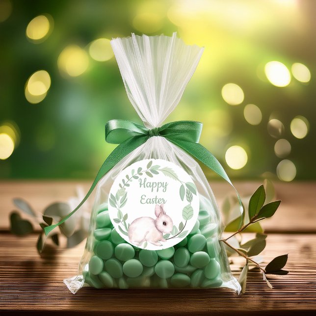 Adesivo Redondo Felz pascoa Coelho Coelho Sage Floral Wreath (Cute Easter Bunny and Sage Green Eucalyptus Wreath "Happy Easter" Classic Round Stickers)