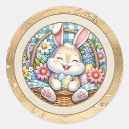 Adesivo Redondo Felz pascoa com coelhinhos, ovos e flocos