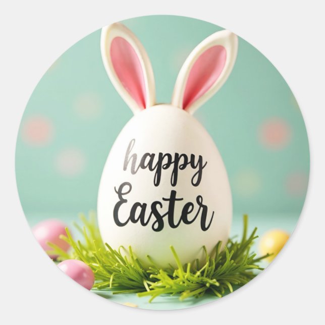 Adesivo Redondo Felz pascoa com um coelho de orelhas no ovo (Frente)