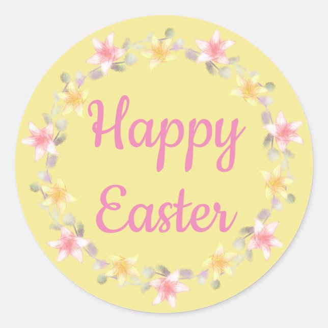 Adesivo Redondo "Felz pascoa", cor-de-rosa e amarela, (Frente)
