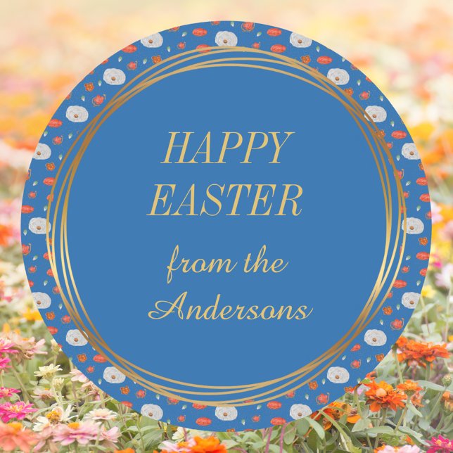 Adesivo Redondo Felz pascoa Cristão da Família Floral primavera Bl (Spring Blue Gold Floral Pattern Family Name Religious Christian Catholic Happy Easter Round Sticker)