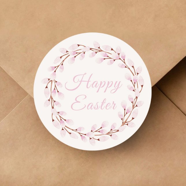 Adesivo Redondo Felz pascoa de Botânicos Cor-de-Rosa (Cute Pink Botanicals Happy Easter Classic Round Sticker)
