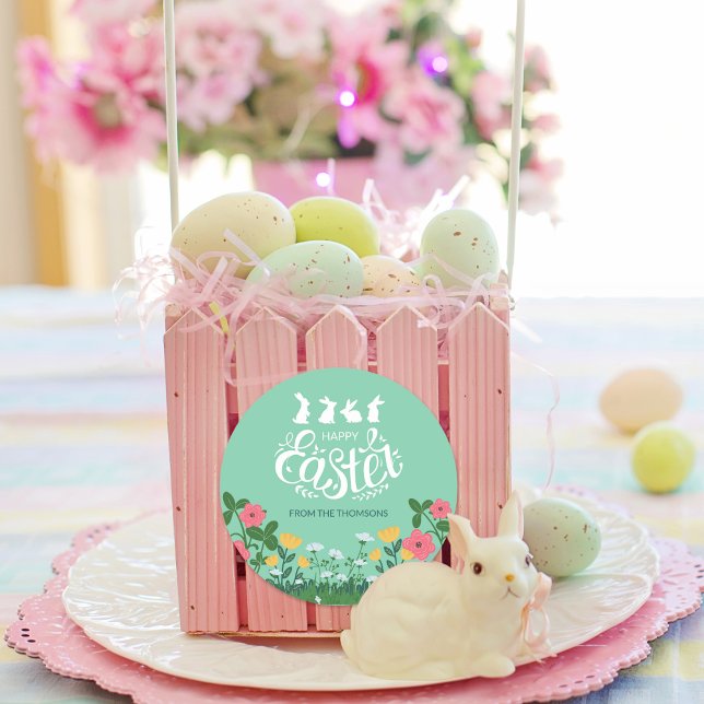 Adesivo Redondo Felz pascoa de flor selvagem Primavera verde branc (Criador carregado)