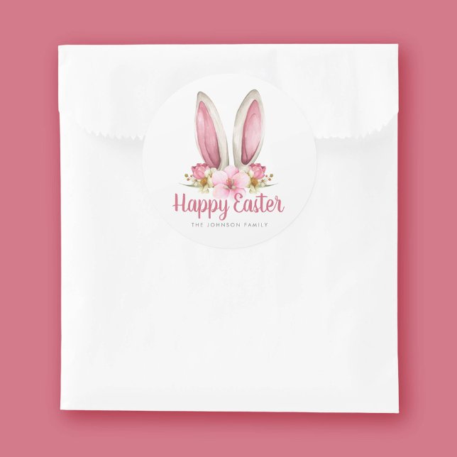 Adesivo Redondo Felz pascoa de Orelhas Florais Rosa Bonitas (Cute Pink Floral Bunny Ears Happy Easter Classic Round Sticker)