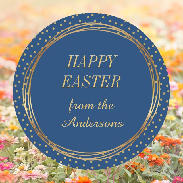 Adesivo Redondo Felz pascoa Dourada Elegante Cristã (Christian Catholic Elegant Blue Gold Polka Dots Happy Easter Classic Round Sticker)