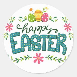 Adesivo Redondo Felz pascoa Floral Flores Ovos de Páscoa