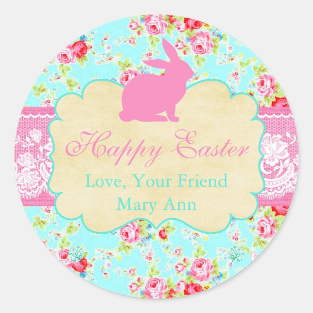 Adesivo Redondo Felz pascoa Floral Lace Personalizado (Frente)