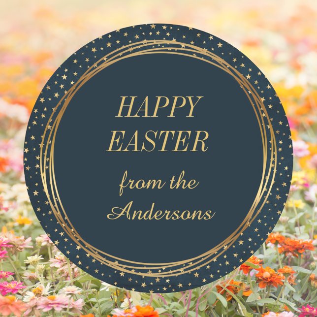 Adesivo Redondo Felz pascoa Personalizado da Estrela Dourada Elega (Religious Christian Catholic Elegant Gold Star Pattern Custom Happy Easter Classic Round Sticker)